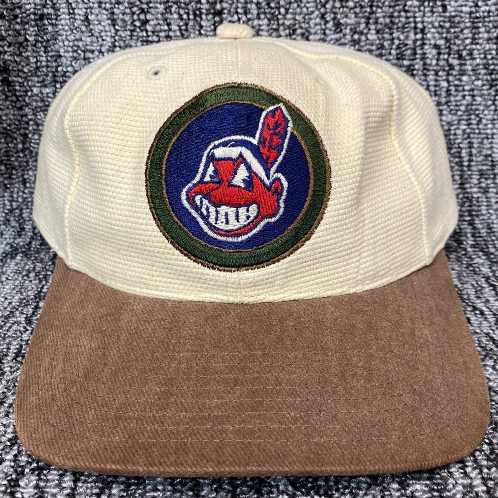 VTG American Needle Cleveland Indians Chief Wahoo Strapback Hat Cream Brown